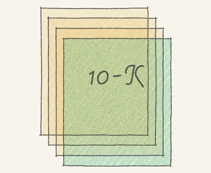 Pencil drawing of a pile of filings with the 10-K on top.
