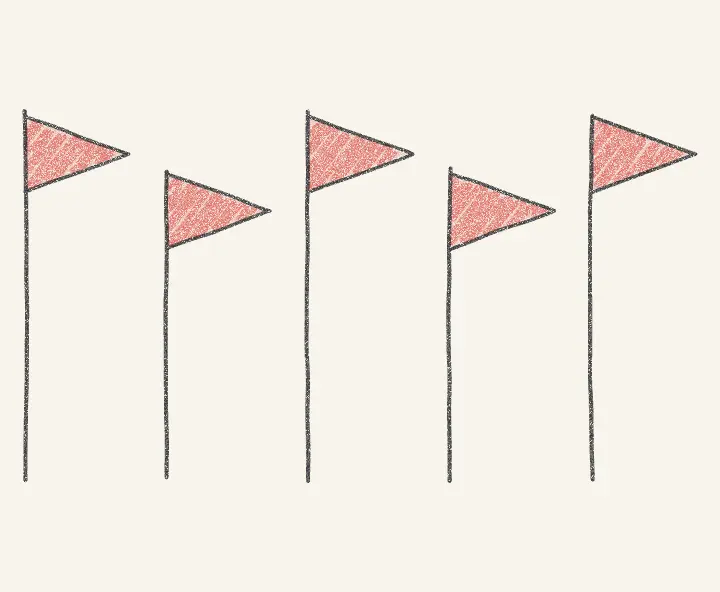 Pencil drawing of five red warning flags in a row.