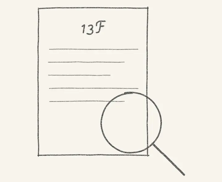 Pencil drawing of a sheet marked 13F with a magnifying glass over its corner.