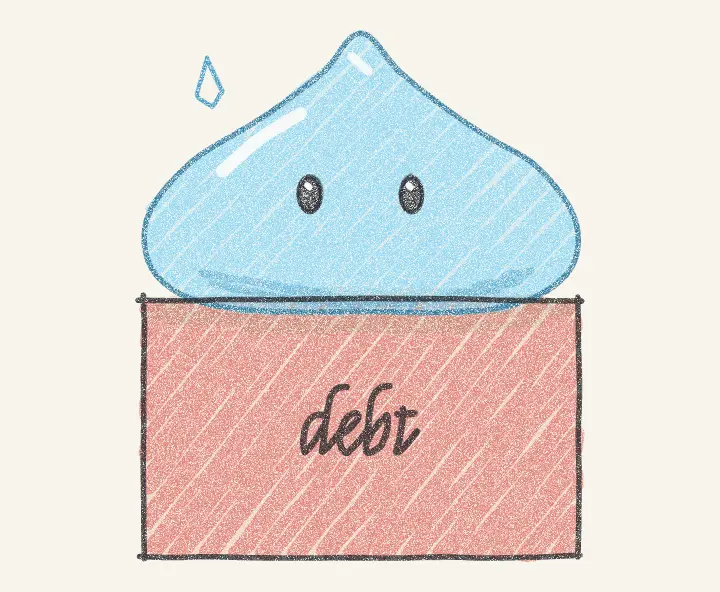 Pencil drawing of the jelly mascot, sweating, sitting on a red block marked debt.