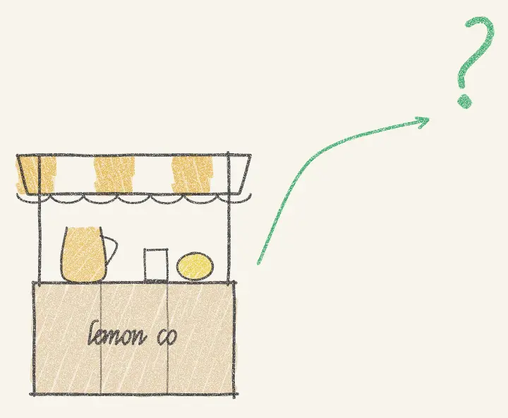 Pencil drawing of the Lemon Co stand with a green arrow climbing toward a question mark.