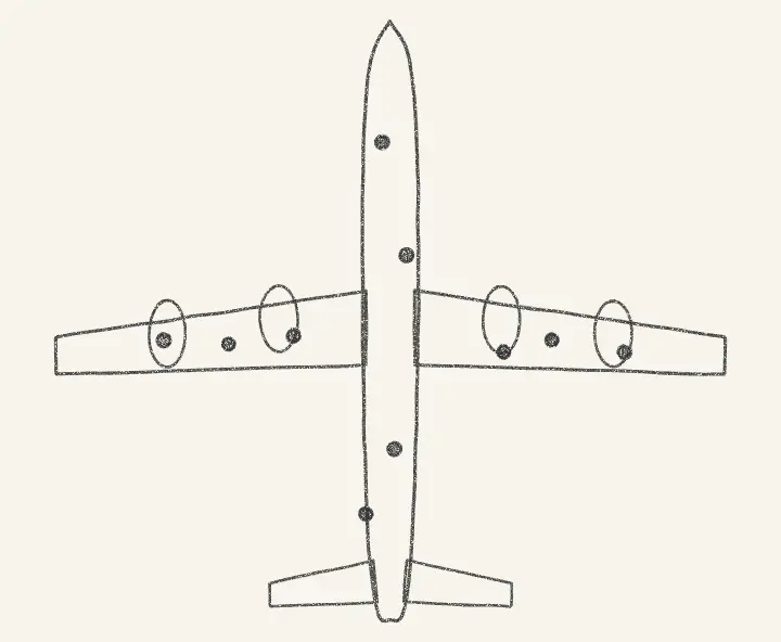 Pencil drawing of a four engine bomber seen from above, with bullet holes scattered across its wings and body.