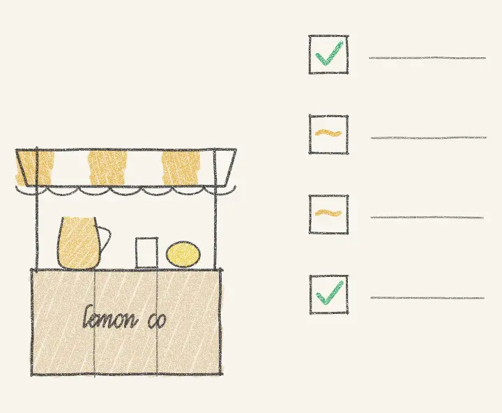 Pencil drawing of the Lemon Co stand next to a checklist of four boxes, two ticked and two marked with a wavy line.